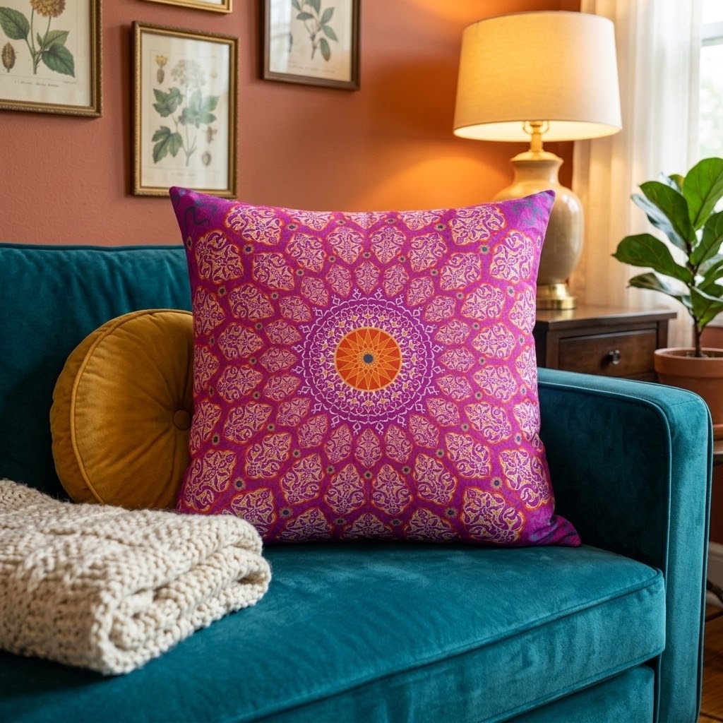 Marie Faux Suede Throw Pillow in Plum Mandala