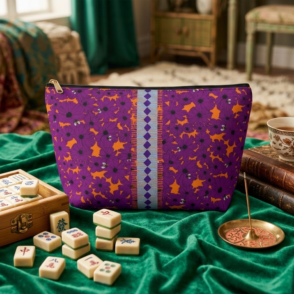 Birdie Mahjong Tile Travel Pouch in Plum
